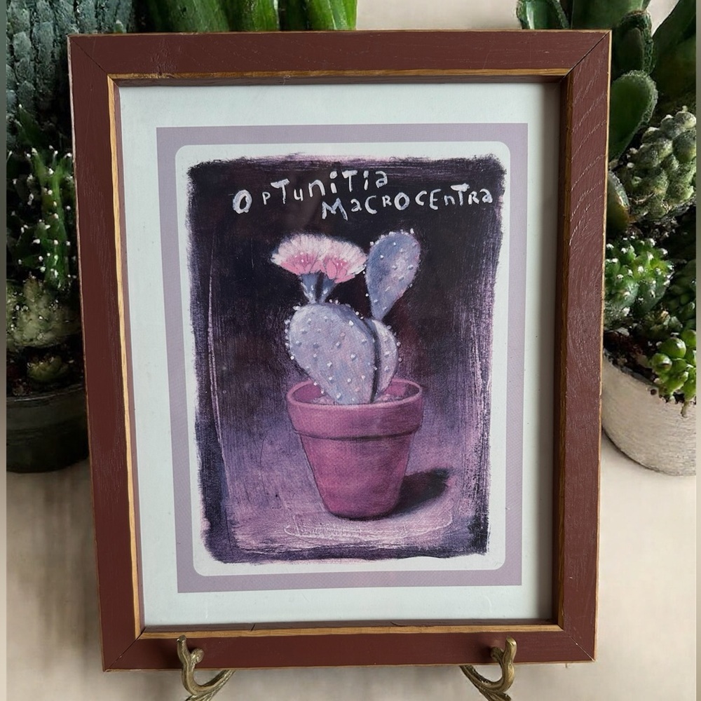 VTG Framed Purple Prickly Pear Cactus Art Painting Wood Frame Matted